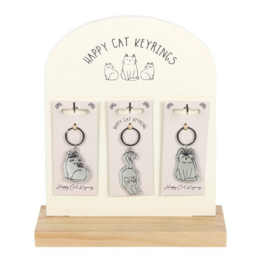 Set of 24 Happy Cat Keyrings on Display