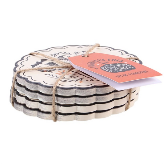Witchy Folk Art Coaster Set – Black Cat, Raven & Moth