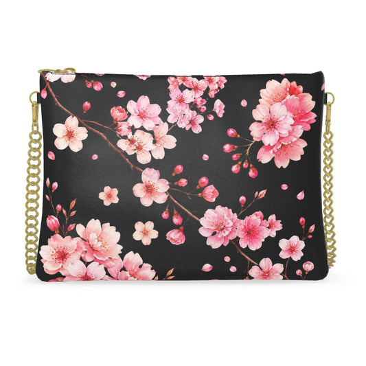 Cherry Blossom Designer Crossbody Bag with Chain – Black & Pink