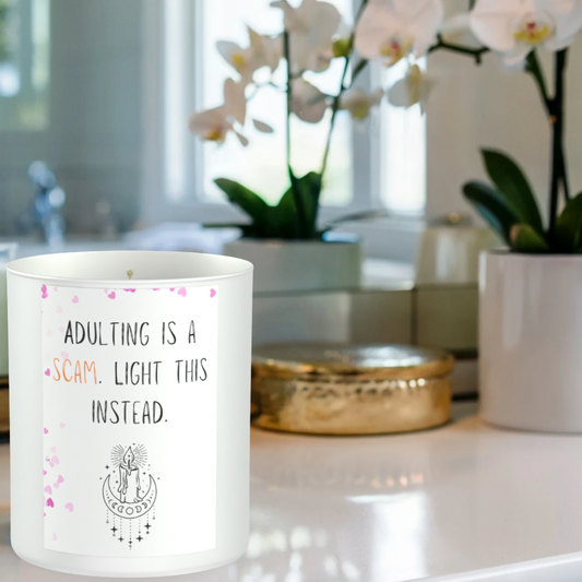 Adulting Is A Scam 200g White candle ‘Sandy Bay'