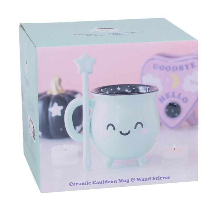 Mint Green Cauldron Mug with Wand Stirrer – Witchy Mug 400ml