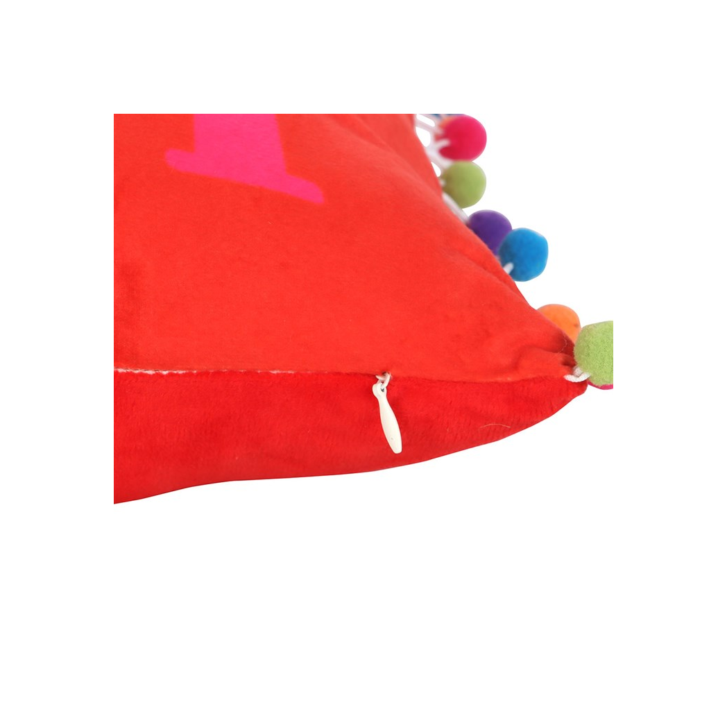 Holly Jolly Christmas Cushion with Pom Poms – Red