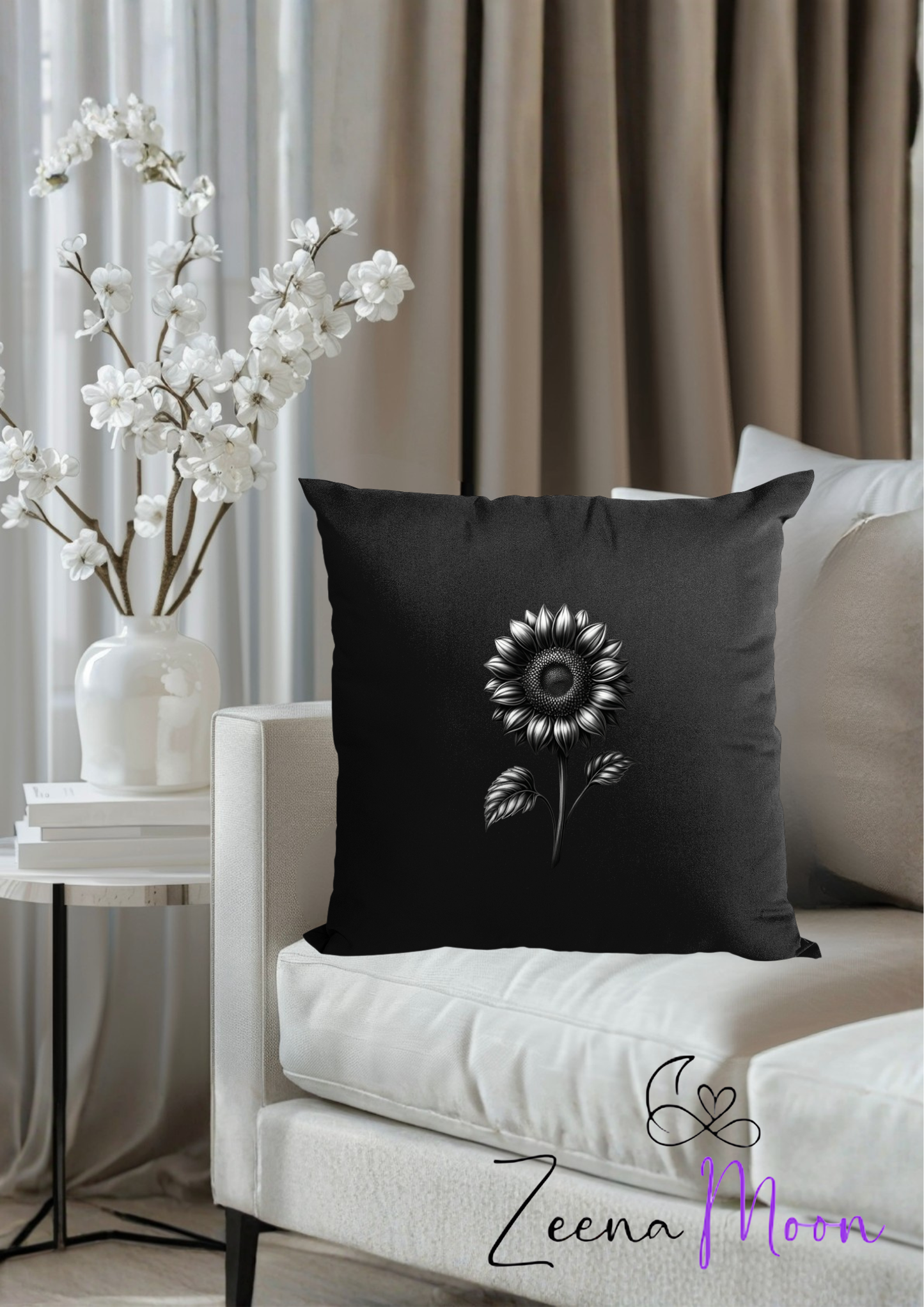 Black Throw Cushion – Monochrome Sunflower Elegance | 40x40cm
