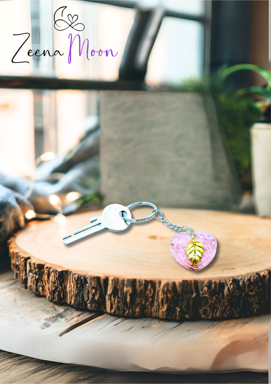 Orgonite Power Keyring - Rose Quartz Heearts Golden Leaf