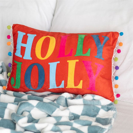 Holly Jolly Christmas Cushion with Pom Poms – Red