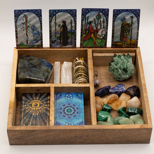 Mango Wood Tarot Storage Box with Card Holder – Four Sections
