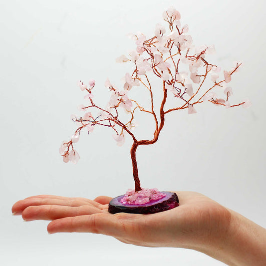 Large Rose Quartz Crystal Tree on Pink Agate Base – 100 Stone