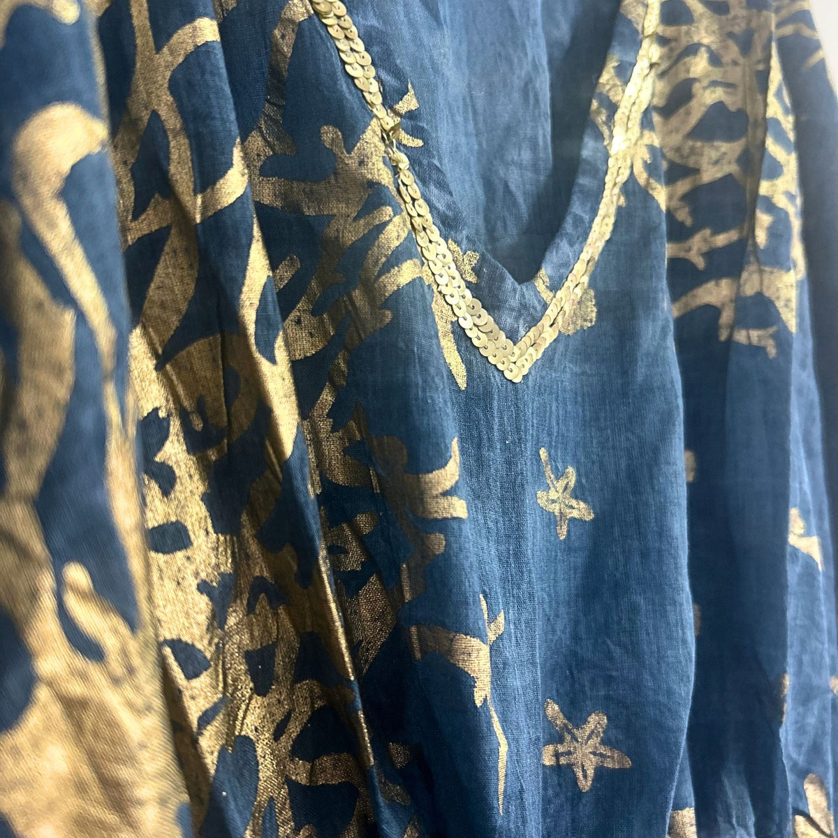 Blue & Gold Coral Print Kaftan – Boho Beach Cover-Up