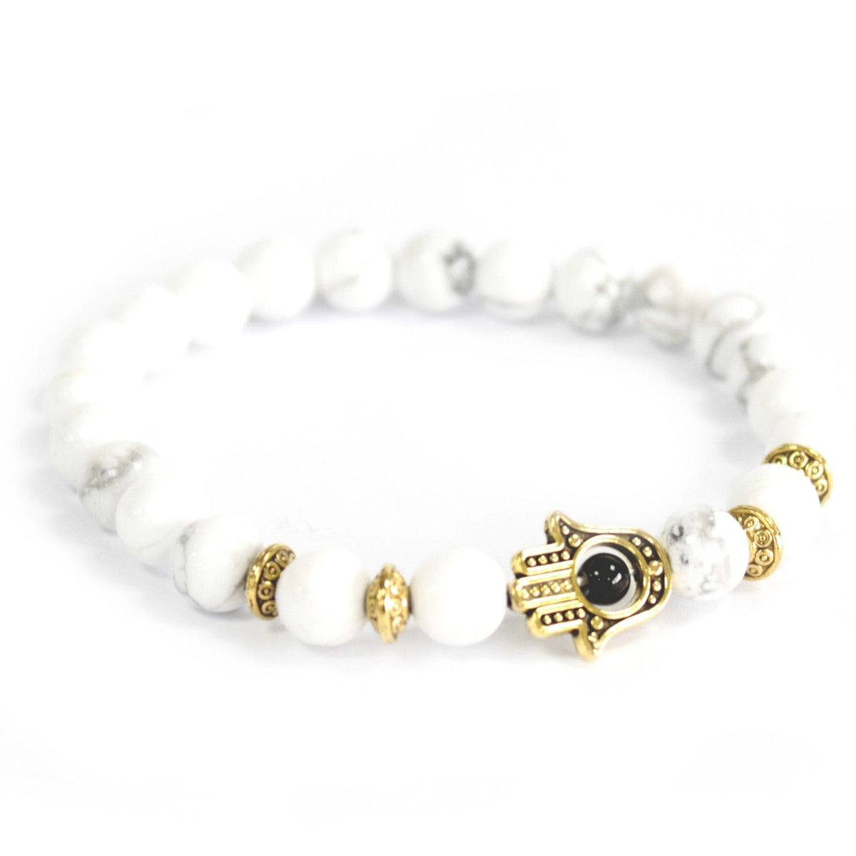 White Howlite Gemstone Bracelet with Gold-Tone Hamsa