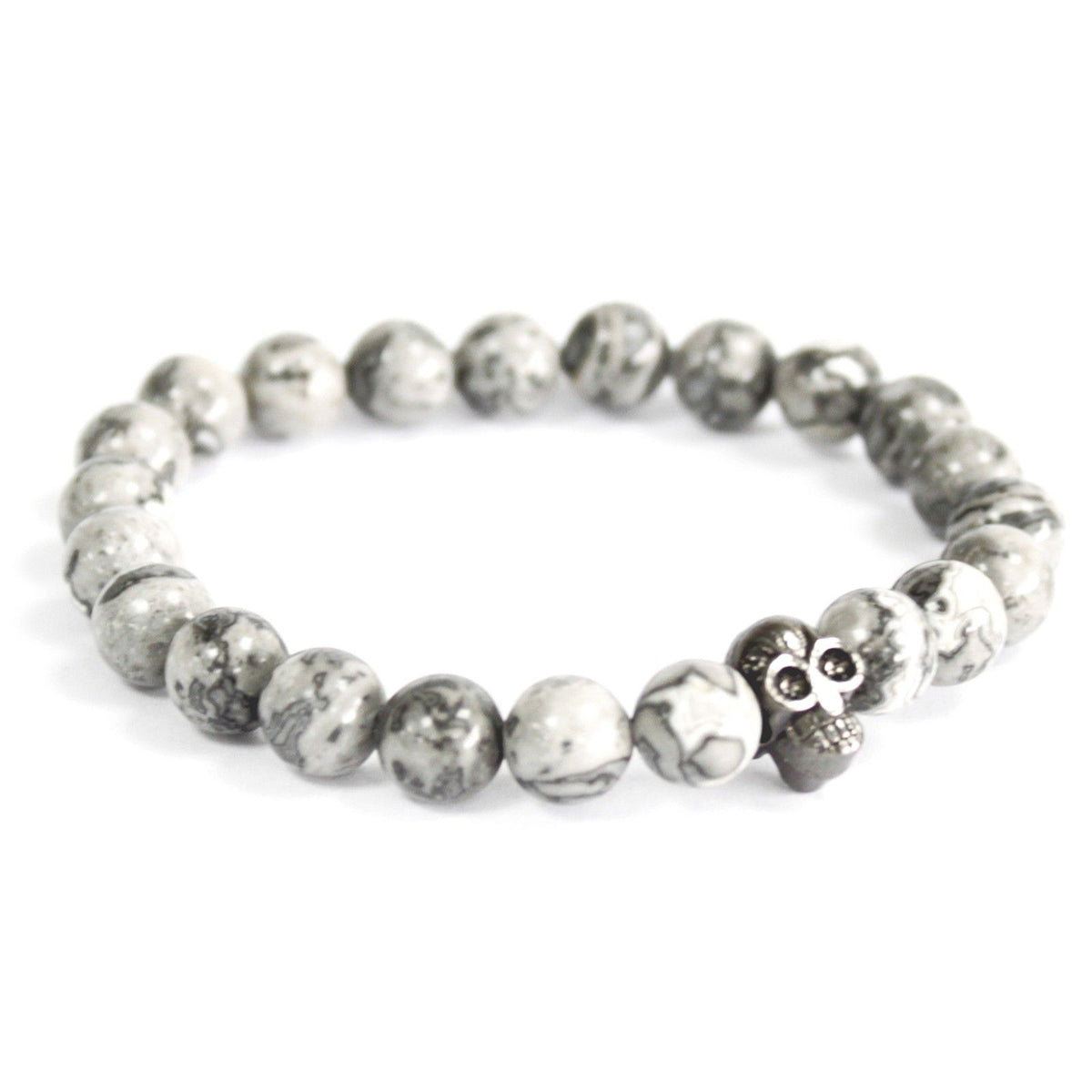 Grey Agate Gemstone Bracelet with Pewter Skull Charm