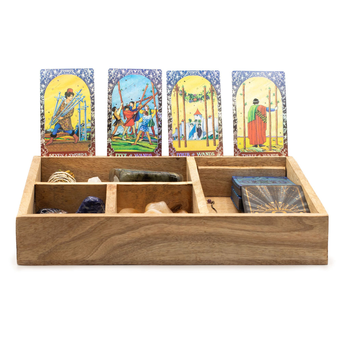 Wooden Tarot Card Storage Box with Card Holder – 4 Compartments