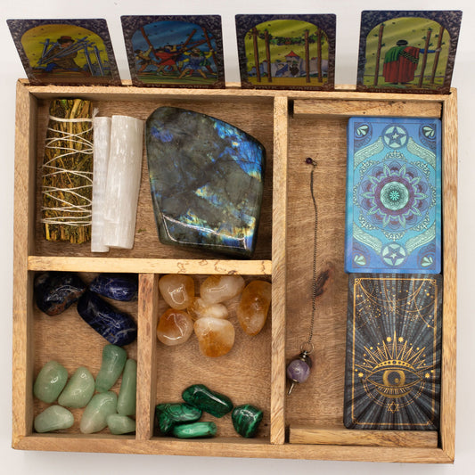 Wooden Tarot Card Storage Box with Card Holder – 4 Compartments
