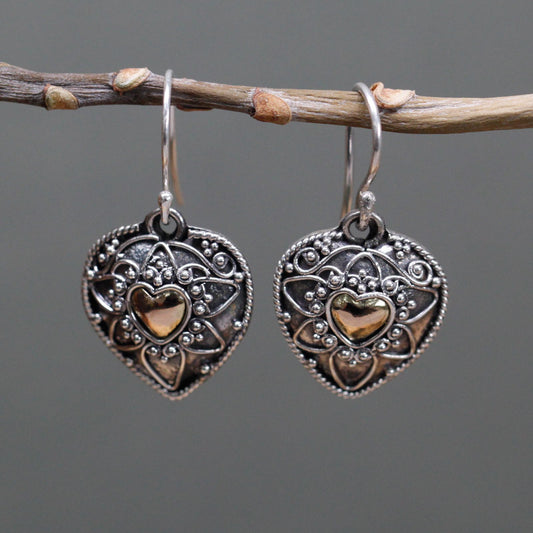 Silver & Gold Earring - Mandala Heart Earrings
