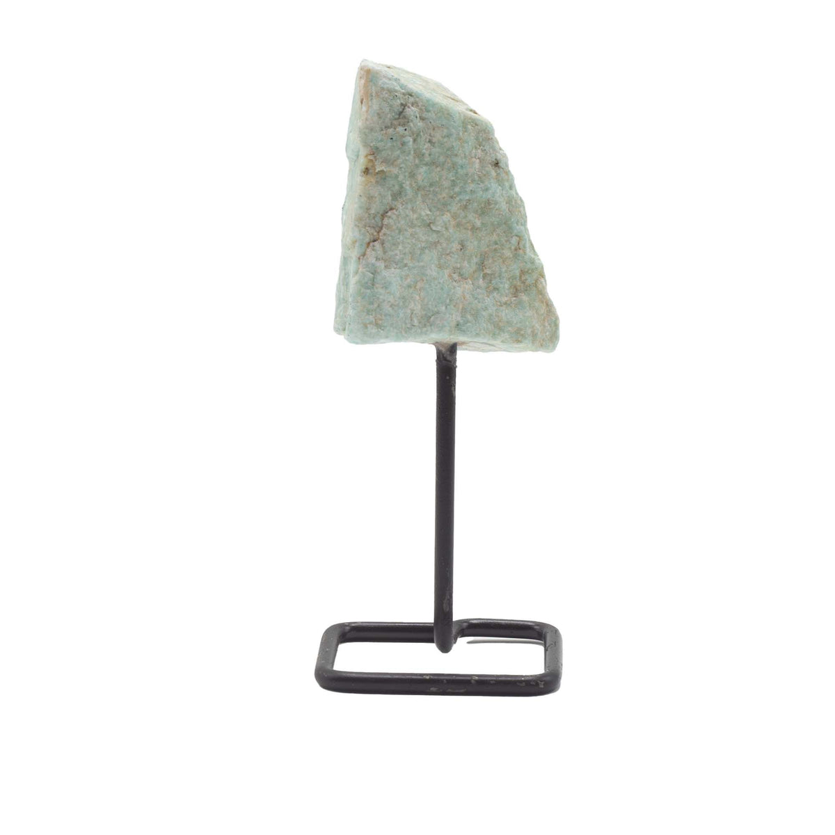 Raw Amazonite Mineral Specimen on Black Metal Stand