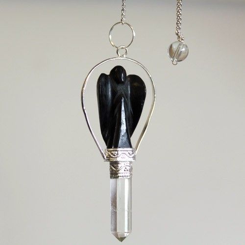 Black Agate Angel Crystal Pendulum – Silver-Tone Frame