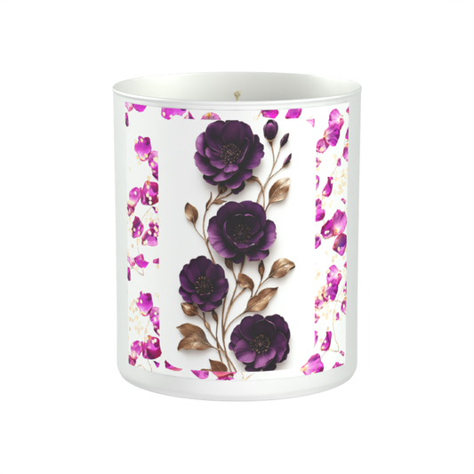 Purple and Gold Flower Design 200g White candle ‘Sandy Bay'