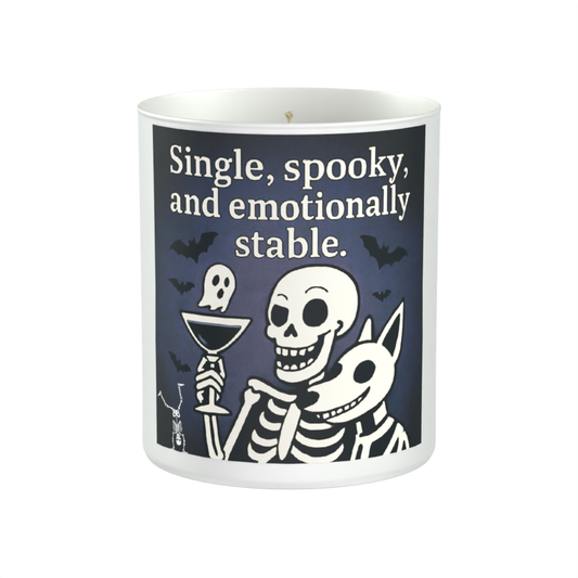 Single, Spooky & Emotionally Stable Skeleton 200g White candle ‘Sandy Bay'