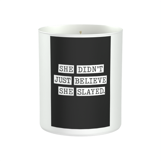 She didn’t just believe — she slayed. 200g White candle ‘Sandy Bay'