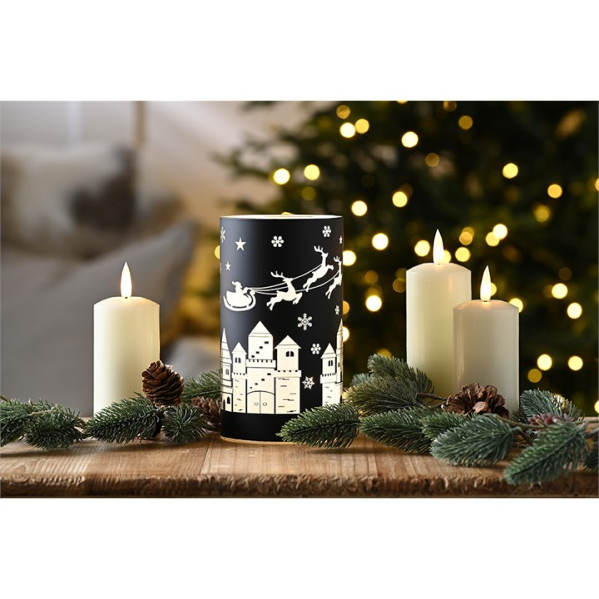 Black Glass Christmas Tealight Holder with Sleigh Scene
