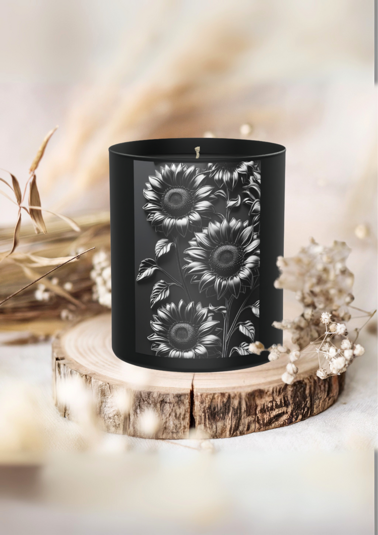 Dark Noir black scented candle with floral sunflower design