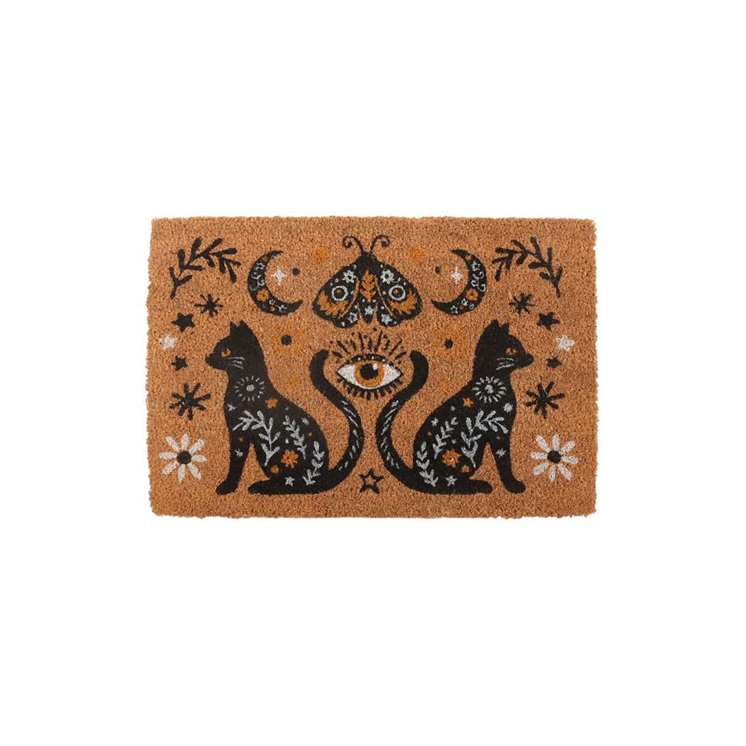 Witchy Black Cat Doormat – Mystical Moon & Eye Design
