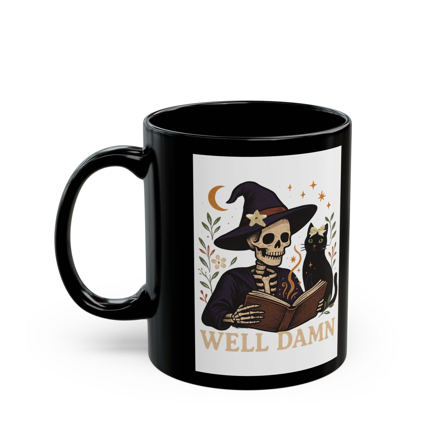 Halloween Skeleton Mug with Cat, Spooky Coffee Cup, Perfect for Witchy Gifts, Well Damn Design, 11oz, 15oz