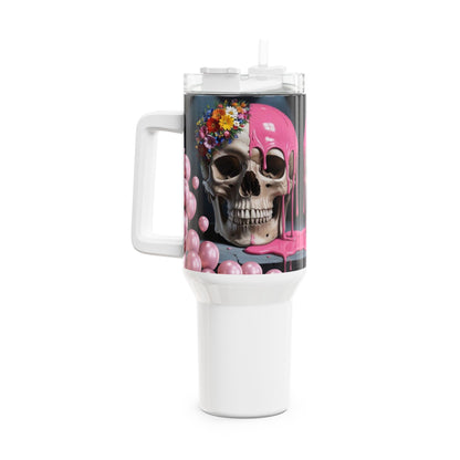 Gothic Skull Tumbler, 40oz Pink Drip Travel Mug | Unique Gift for Halloween, Cool Water Bottle, Skull Design Tumbler