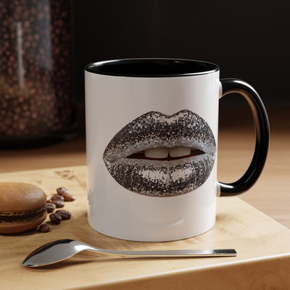 Silver Glitter Lips Accent Coffee Mug (11, 15oz)