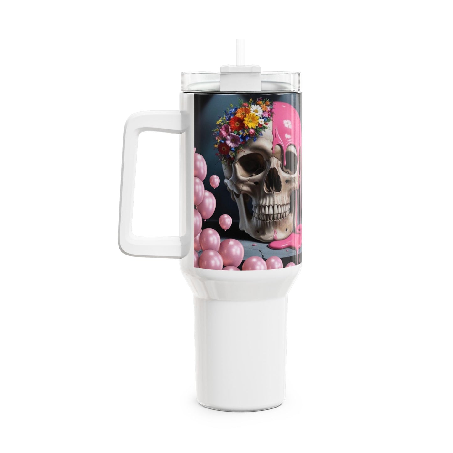 Gothic Skull Tumbler, 40oz Pink Drip Travel Mug | Unique Gift for Halloween, Cool Water Bottle, Skull Design Tumbler