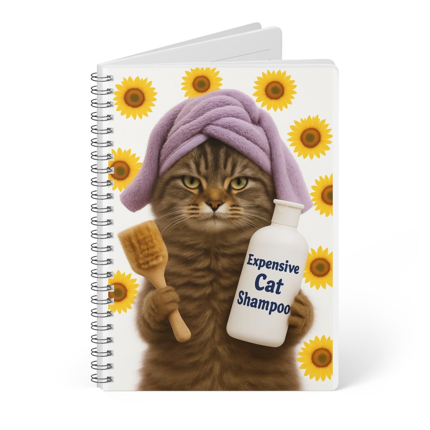 Whimsical Cat-Themed Wirobound Notebook - Perfect for Cat Lovers, Journaling, Gift, A5, Sunflower Design, Cute Stationery