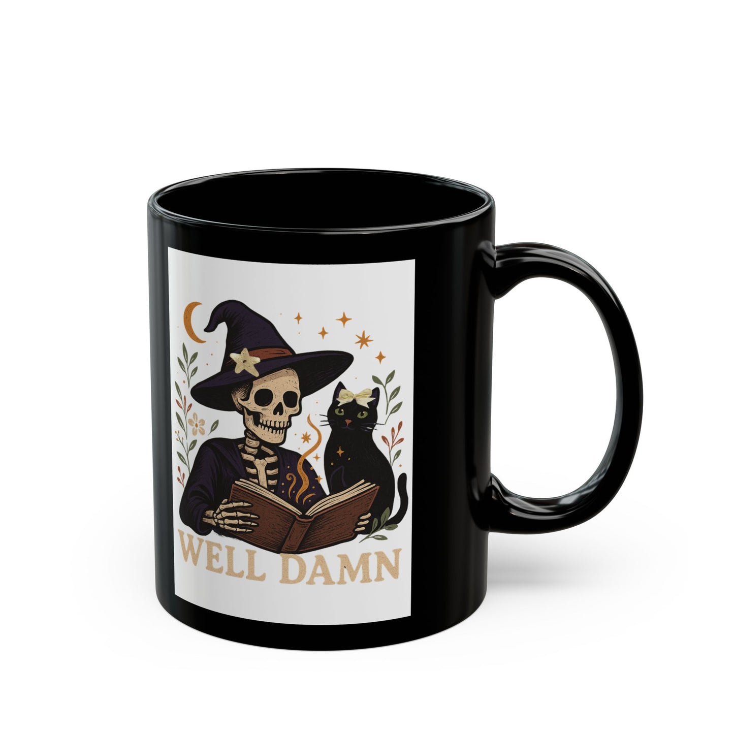 Halloween Skeleton Mug with Cat, Spooky Coffee Cup, Perfect for Witchy Gifts, Well Damn Design, 11oz, 15oz