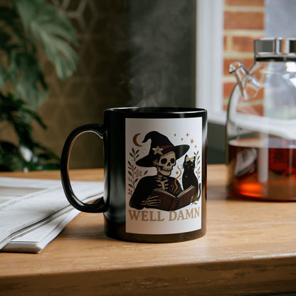 Halloween Skeleton Mug with Cat, Spooky Coffee Cup, Perfect for Witchy Gifts, Well Damn Design, 11oz, 15oz