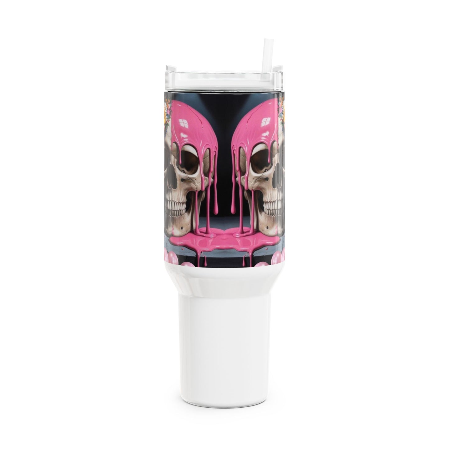 Gothic Skull Tumbler, 40oz Pink Drip Travel Mug | Unique Gift for Halloween, Cool Water Bottle, Skull Design Tumbler