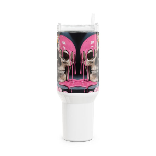 Gothic Skull Tumbler, 40oz Pink Drip Travel Mug | Unique Gift for Halloween, Cool Water Bottle, Skull Design Tumbler