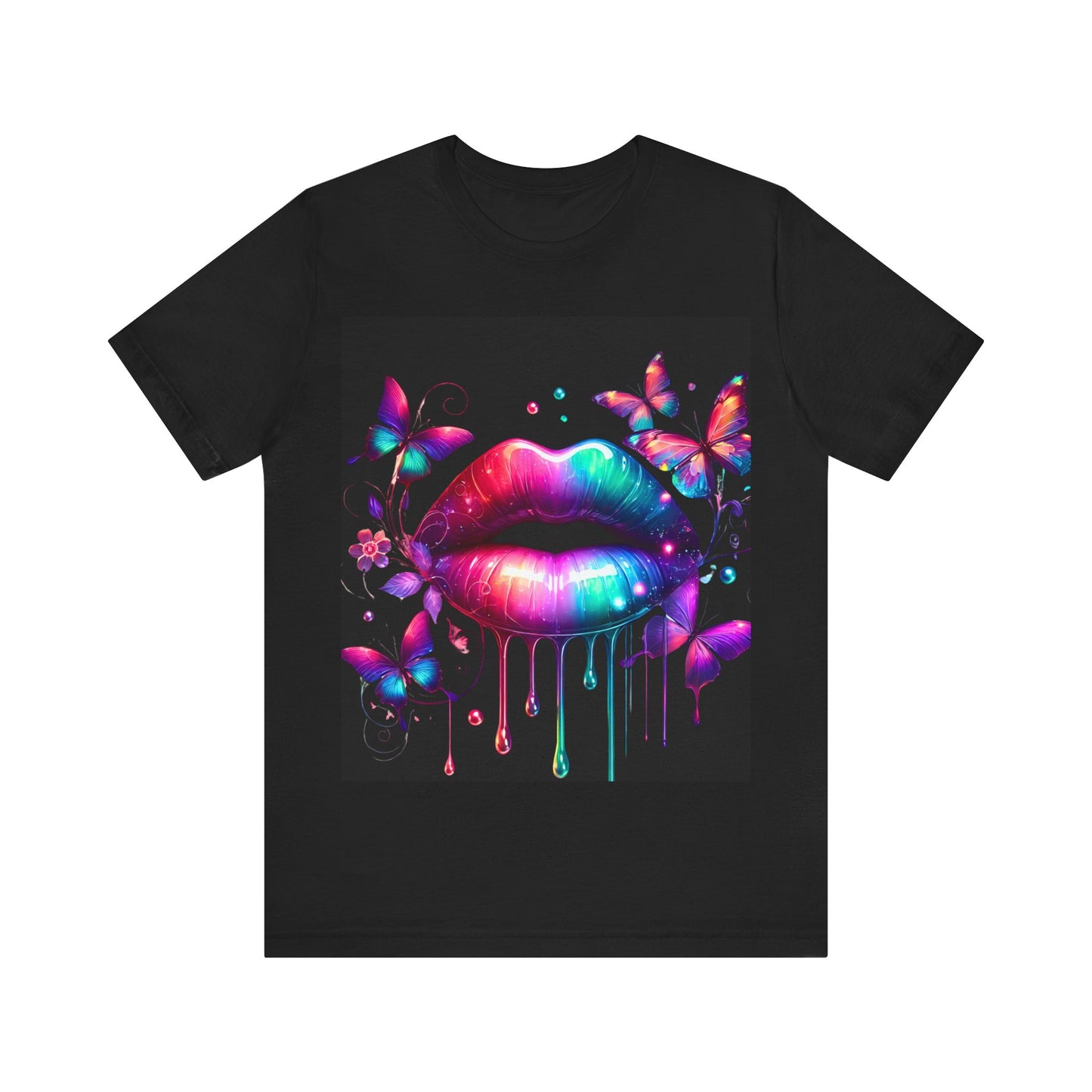 Colourful Lip & Butterfly Unisex Tee, Vibrant Graphic T-Shirt, Summer Fashion, Gift for Her, Festival Wear, Boho Style