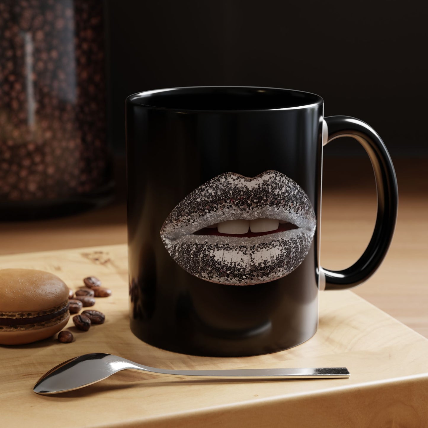 Silver Glitter Lips Black Accent Coffee Mug (11, 15oz)