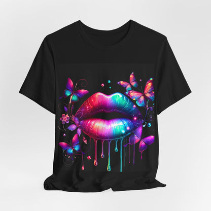 Colourful Lip & Butterfly Unisex Tee, Vibrant Graphic T-Shirt, Summer Fashion, Gift for Her, Festival Wear, Boho Style