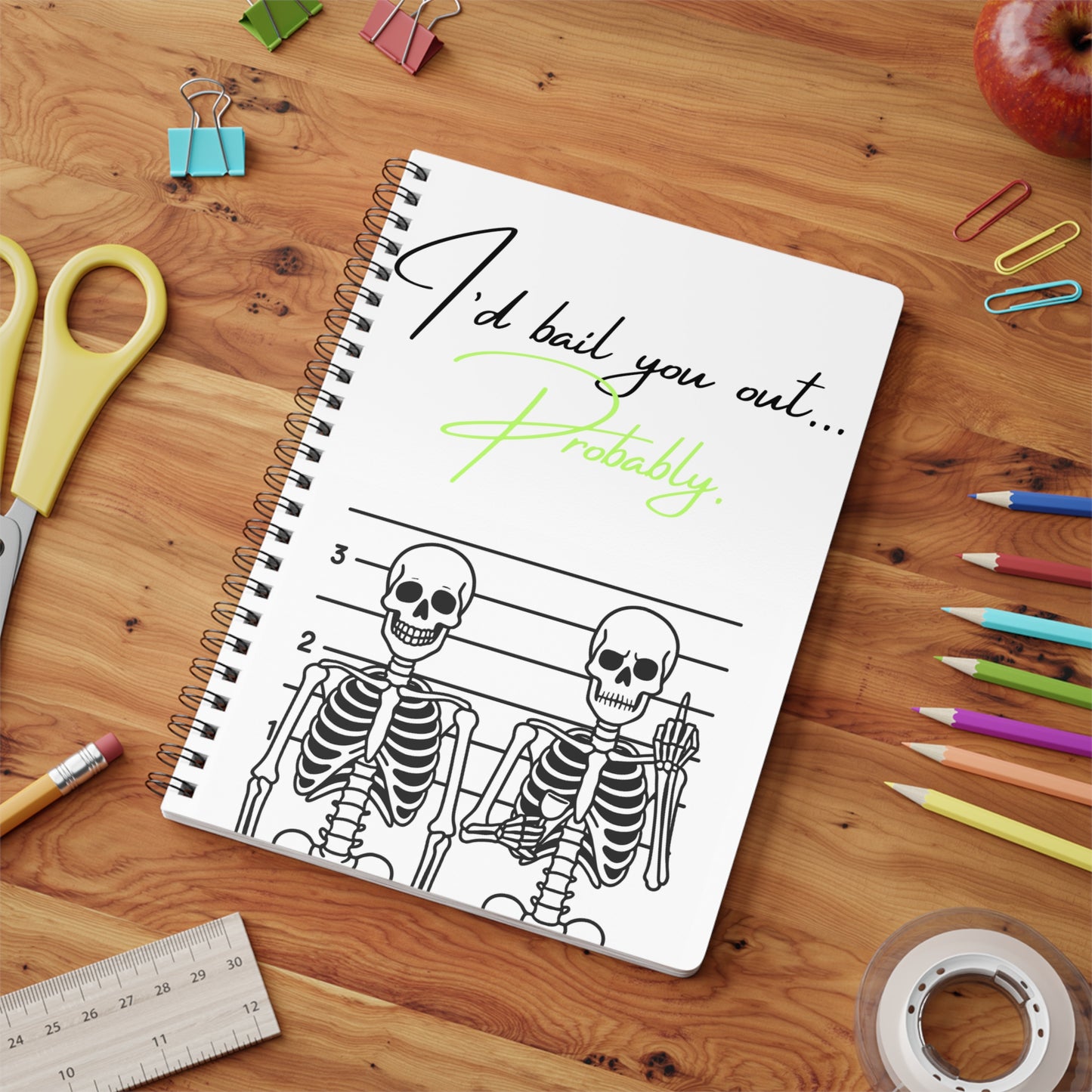 Skeleton Themed Wirobound Notebook | Funny A5 Sketchbook, Gifts for Students, Journaling, Note Taking, Office Supplies, Halloween Decor