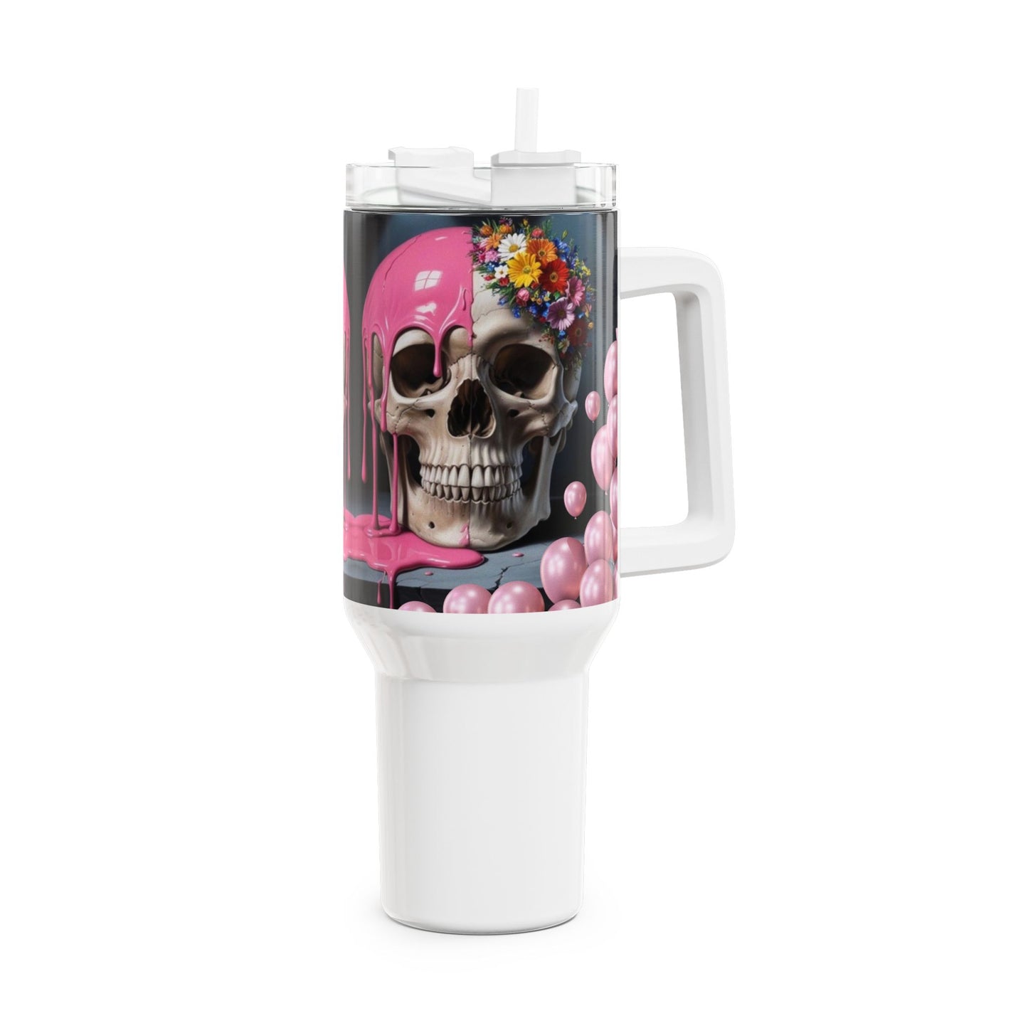 Gothic Skull Tumbler, 40oz Pink Drip Travel Mug | Unique Gift for Halloween, Cool Water Bottle, Skull Design Tumbler