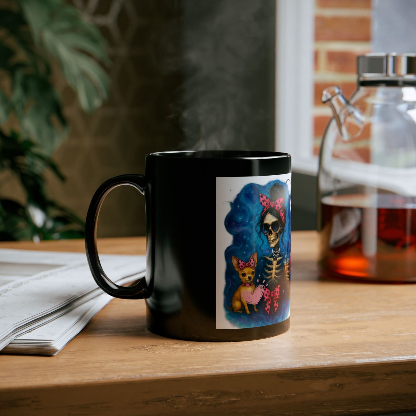 Cute Skeleton Mug with Bow, Halloween Decor, Gift for Dog Lovers, Coffee & Tea Mug, Fun Skeleton Design