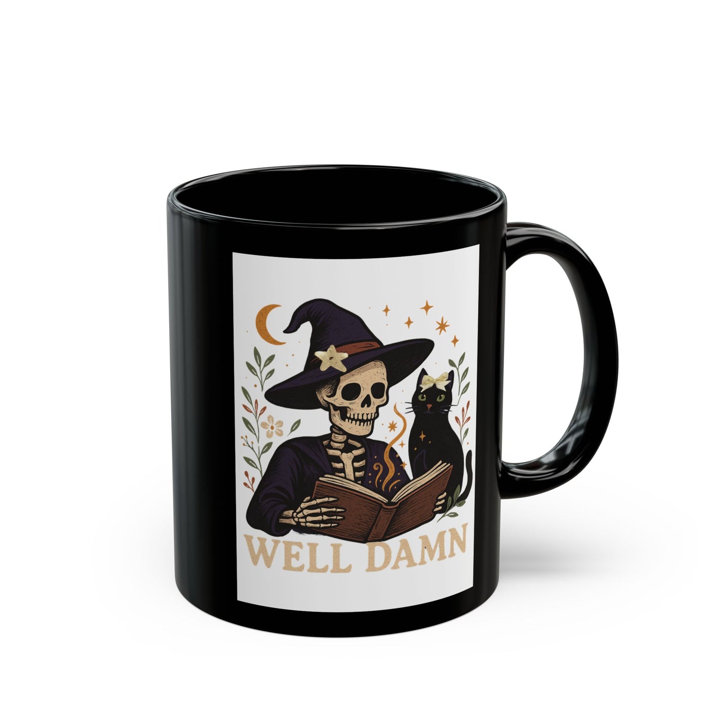 Halloween Skeleton Mug with Cat, Spooky Coffee Cup, Perfect for Witchy Gifts, Well Damn Design, 11oz, 15oz