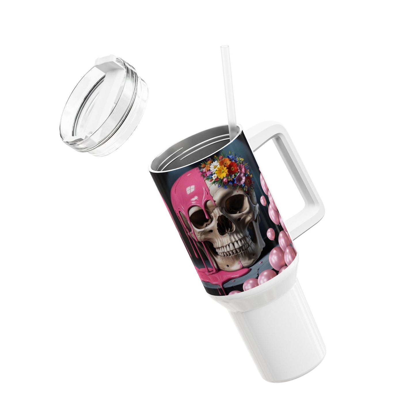Gothic Skull Tumbler, 40oz Pink Drip Travel Mug | Unique Gift for Halloween, Cool Water Bottle, Skull Design Tumbler