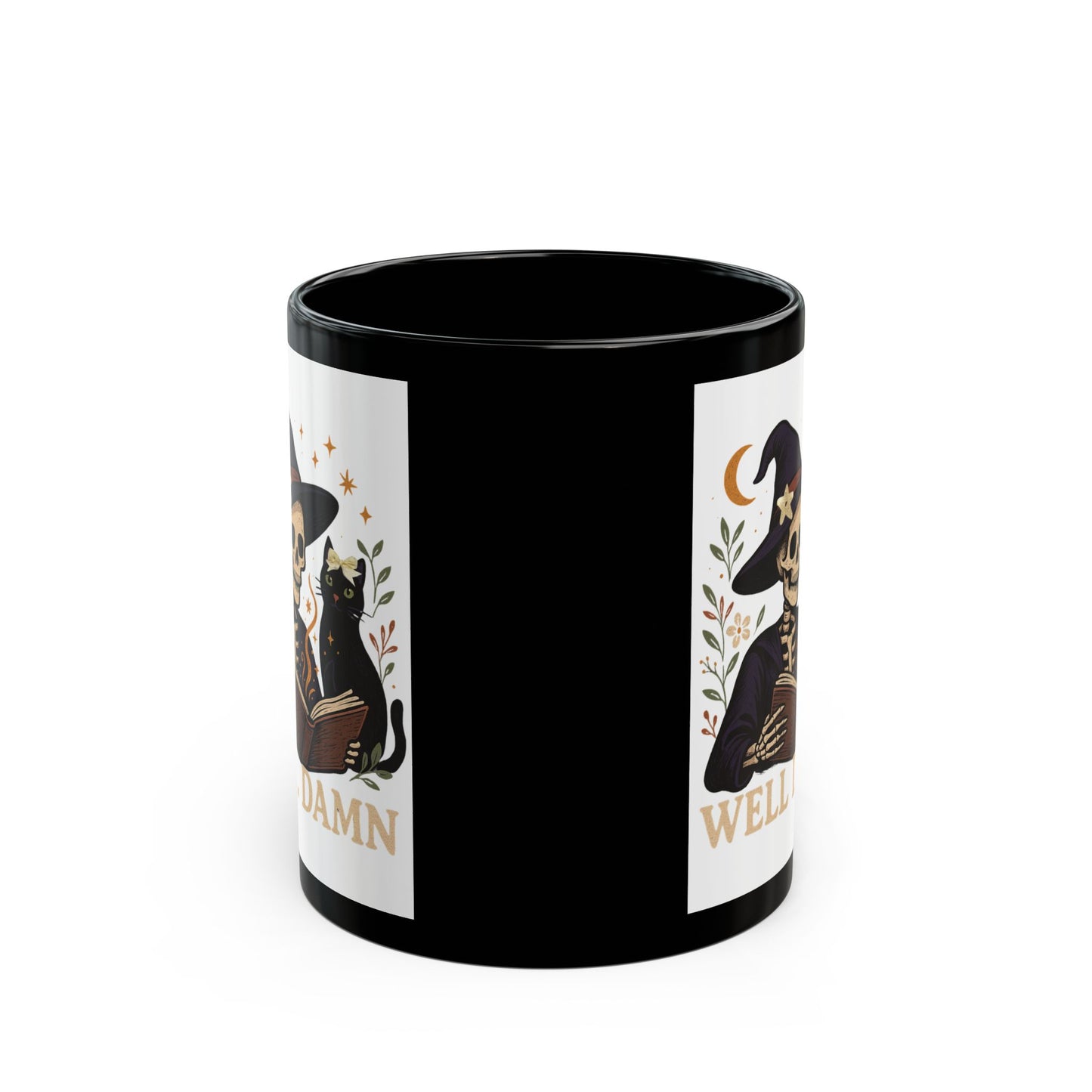 Halloween Skeleton Mug with Cat, Spooky Coffee Cup, Perfect for Witchy Gifts, Well Damn Design, 11oz, 15oz