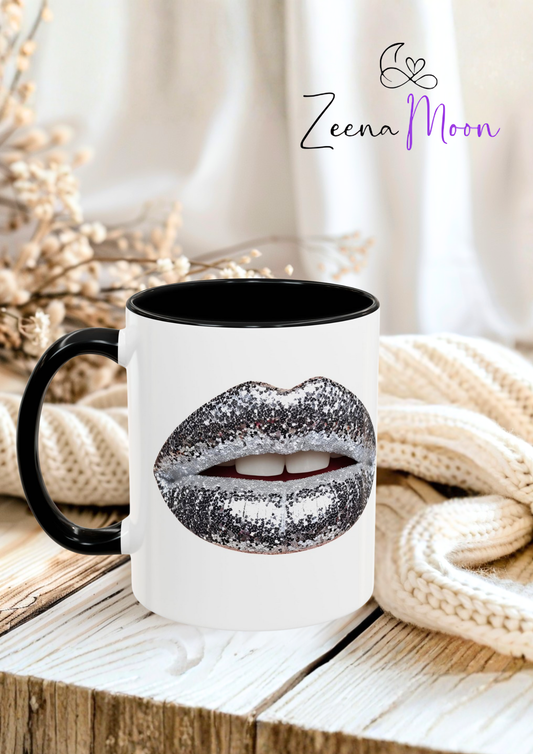 Silver Glitter Lips Accent Coffee Mug (11, 15oz)