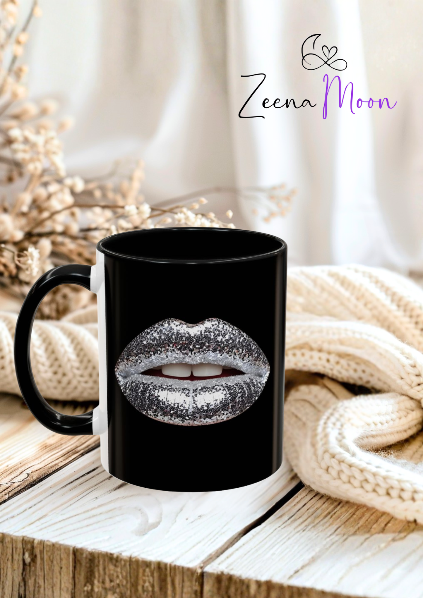 Silver Glitter Lips Black Accent Coffee Mug (11, 15oz)