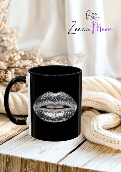 Silver Glitter Lips Black Accent Coffee Mug (11, 15oz)