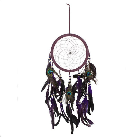 Purple Peacock Feather Dreamcatcher – Large Boho Wall Hanging