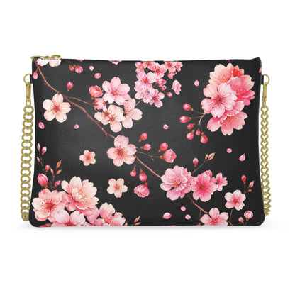Cherry Blossom Designer Crossbody Bag with Chain – Black & Pink