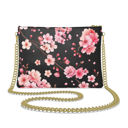 Cherry Blossom Designer Crossbody Bag with Chain – Black & Pink