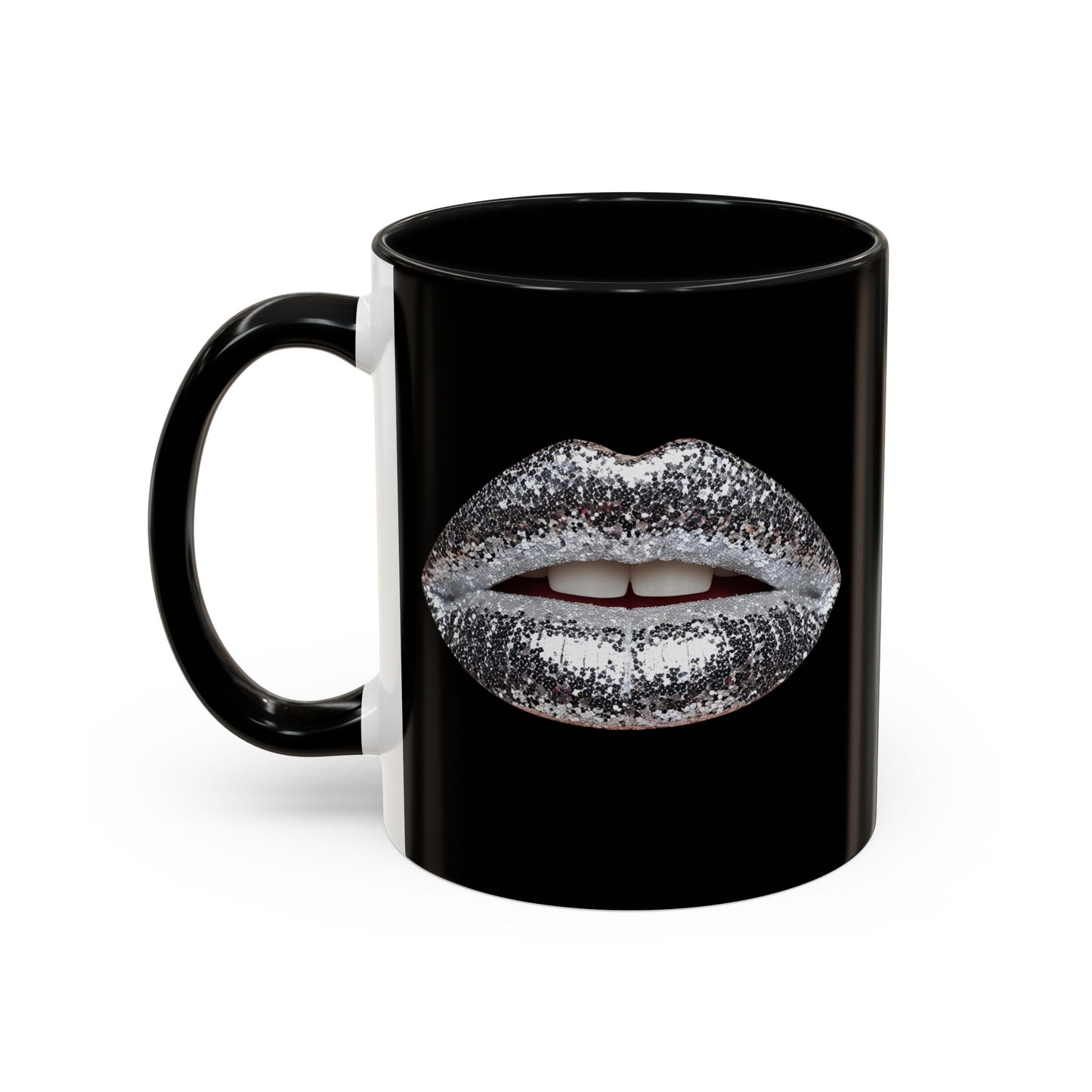 Silver Glitter Lips Black Accent Coffee Mug (11, 15oz)